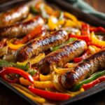 Close-up of browned sausages nestled among colorful roasted peppers and onions in a Sheet Pan Sausage and Peppers recipe.