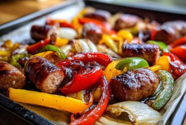 Close-up of browned sausage pieces mixed with roasted red, yellow, and green peppers and onions on a sheet pan.