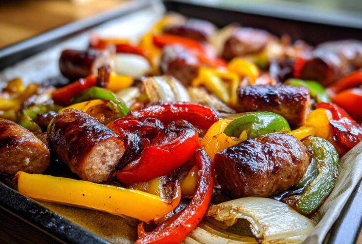 Close-up of browned sausage pieces mixed with roasted red, yellow, and green peppers and onions on a sheet pan.
