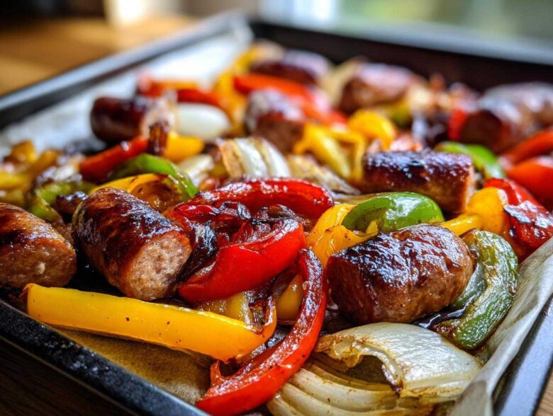 Close-up of browned sausage pieces mixed with roasted red, yellow, and green peppers and onions on a sheet pan.