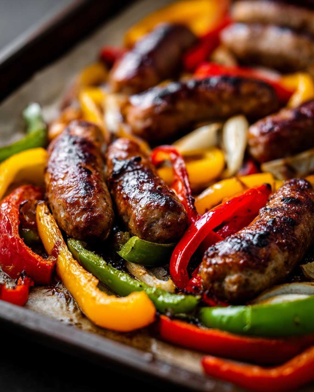 Close-up of browned sausages nestled among colorful roasted bell peppers in a Sheet Pan Sausage and Peppers recipe.