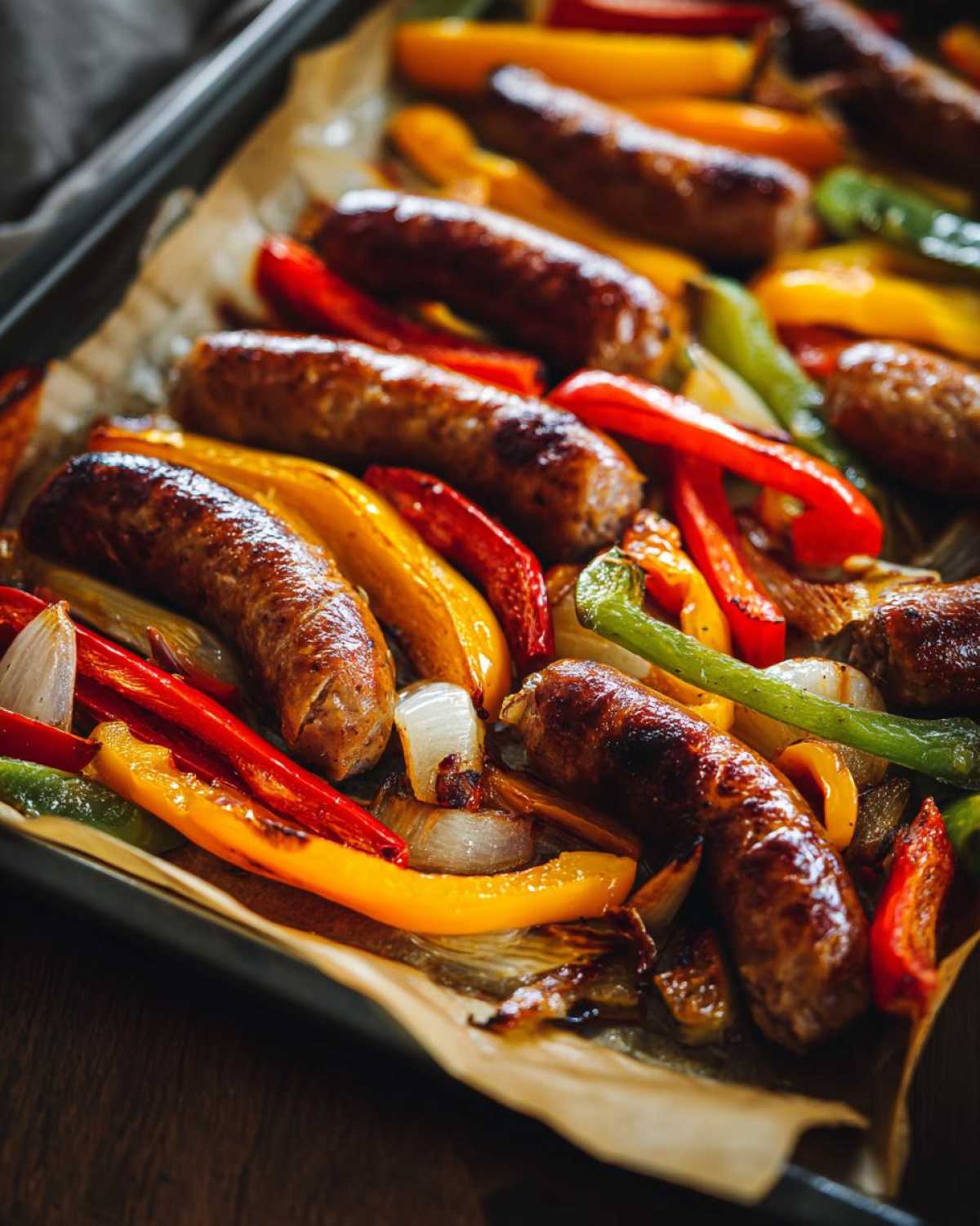 Close-up of browned sausages and roasted bell peppers and onions on a sheet pan for Sheet Pan Sausage and Peppers.