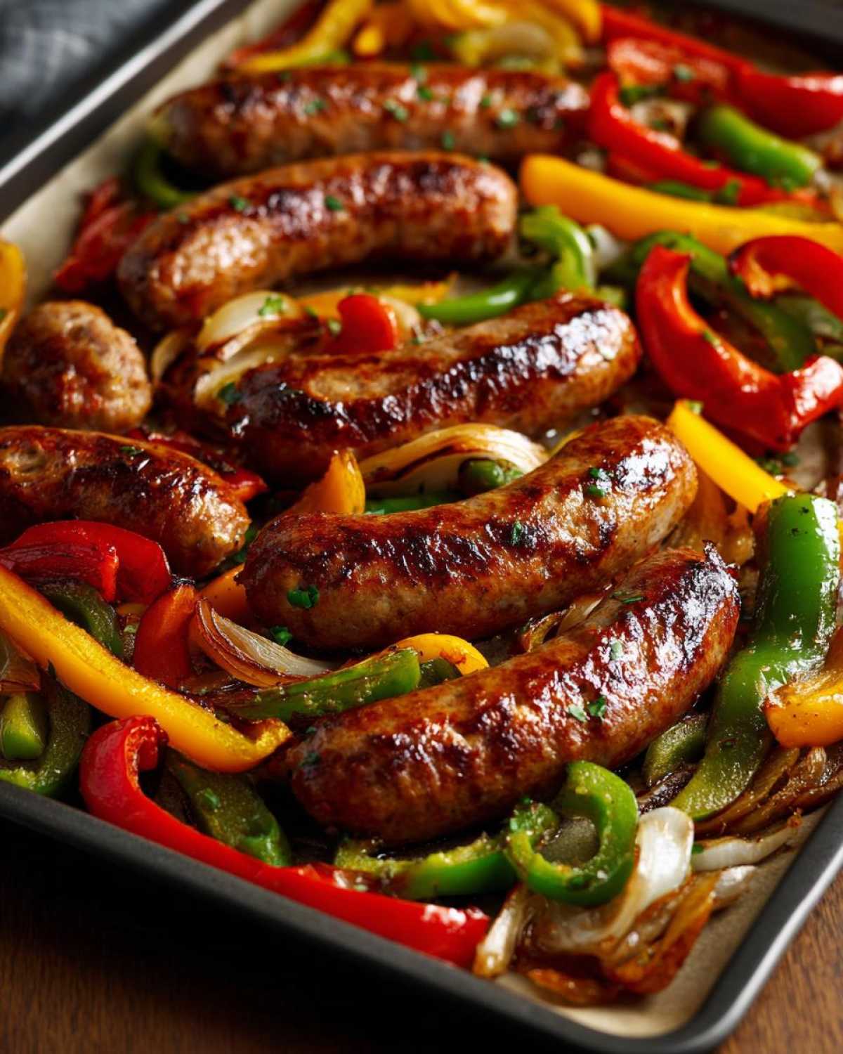 Close-up of browned sausages roasting with colorful bell peppers and onions on a sheet pan for Sheet Pan Sausage and Peppers.