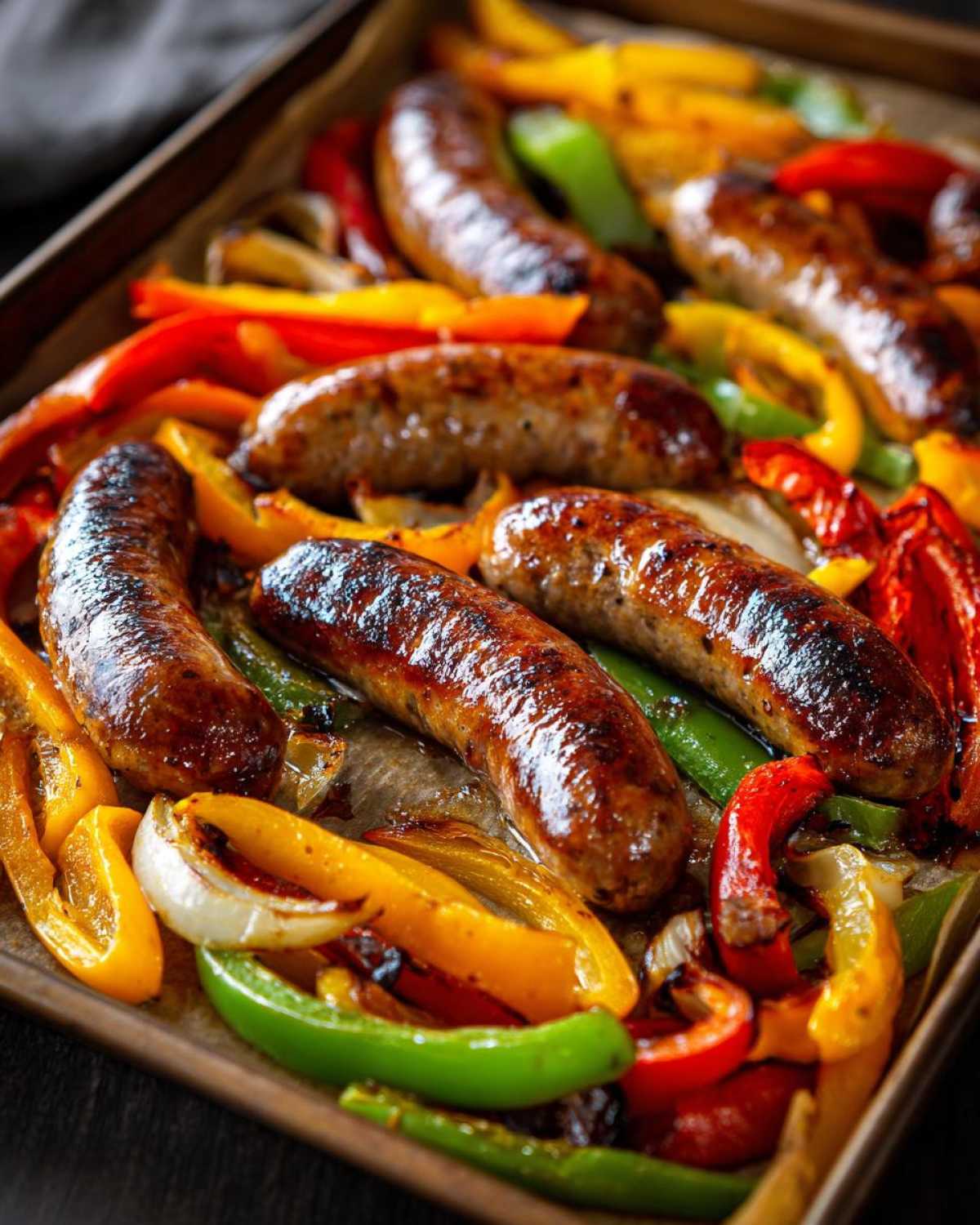 Close-up of browned sausages nestled among roasted red, yellow, and green peppers and onions on a sheet pan.