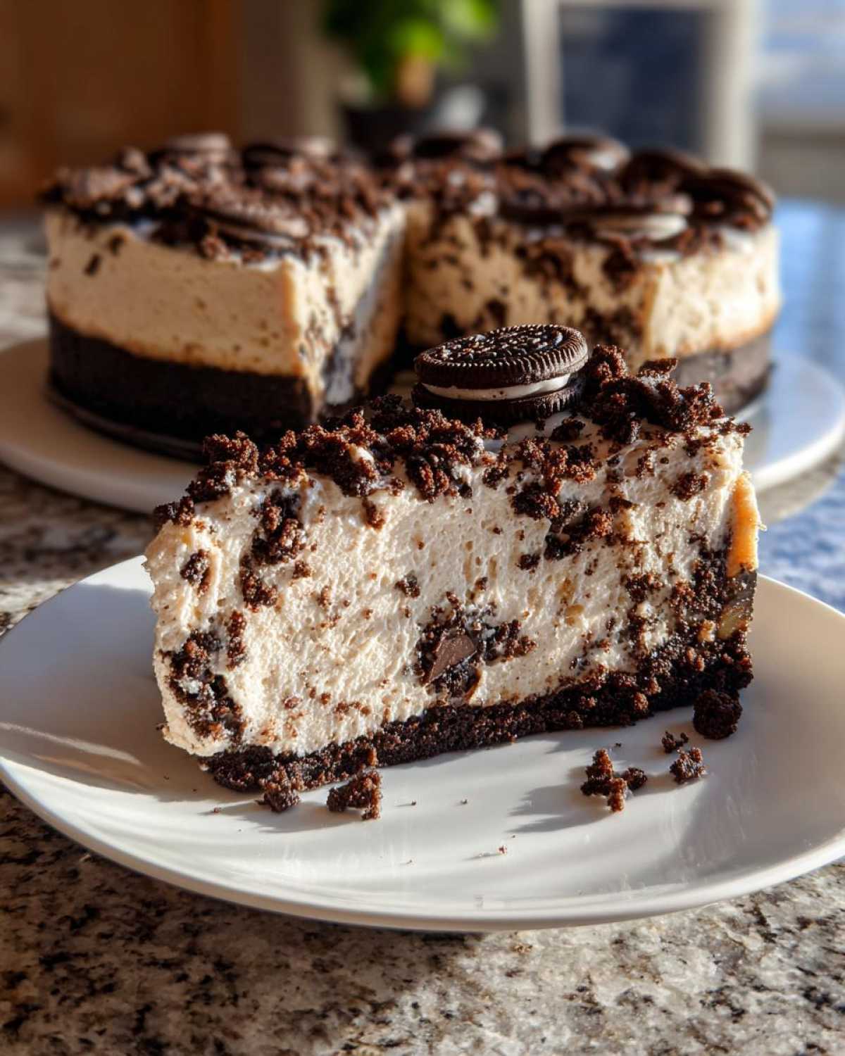 A close-up slice of rich No-Bake Oreo Cheesecake on a white plate, topped with crumbs and a whole Oreo.