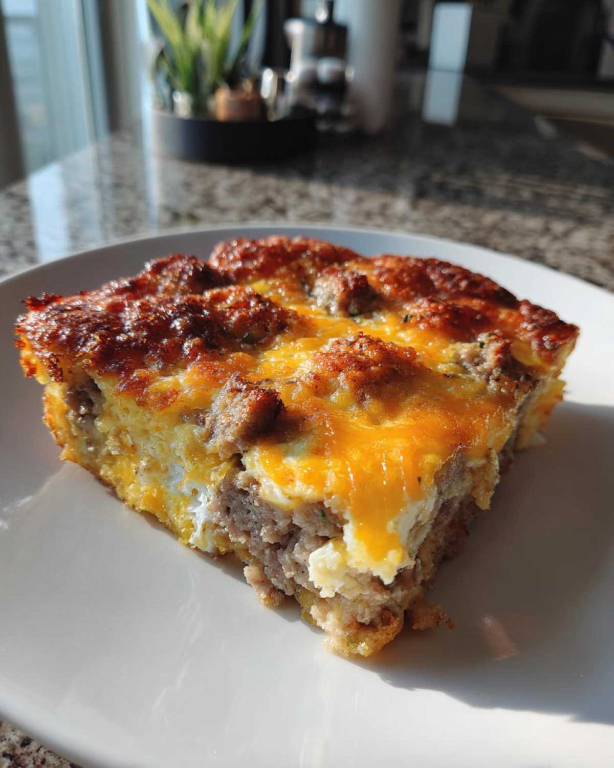 A close-up slice of Tater Tot Breakfast Casserole featuring layers of sausage, egg, and melted cheddar cheese.