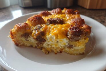 A close-up slice of Tater Tot Breakfast Casserole featuring crispy tater tots, sausage crumbles, and melted cheddar cheese.