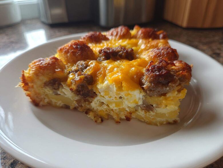 A close-up slice of Tater Tot Breakfast Casserole featuring crispy tater tots, sausage crumbles, and melted cheddar cheese.