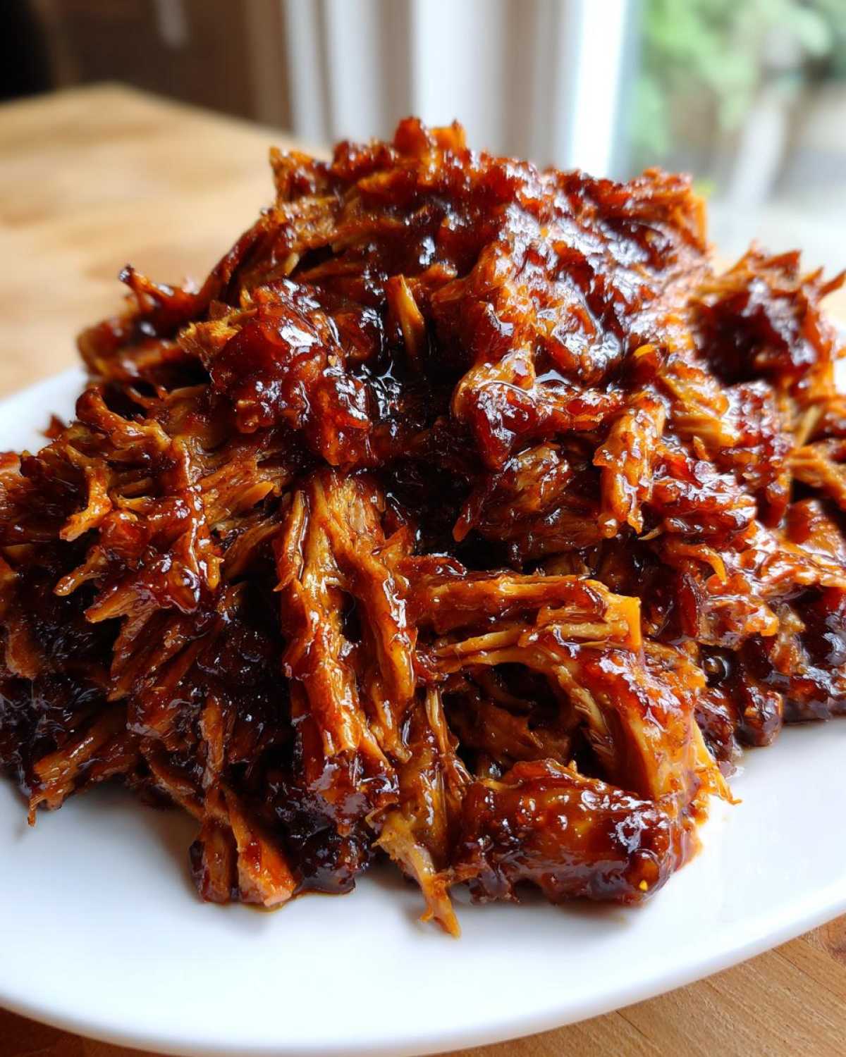 A close-up shot of shredded, saucy Slow Cooker Honey Garlic Pulled Pork piled high on a white plate.