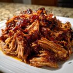 A close-up shot of shredded Slow Cooker Honey Garlic Pulled Pork coated in a thick, glossy, dark glaze, served on a white plate.