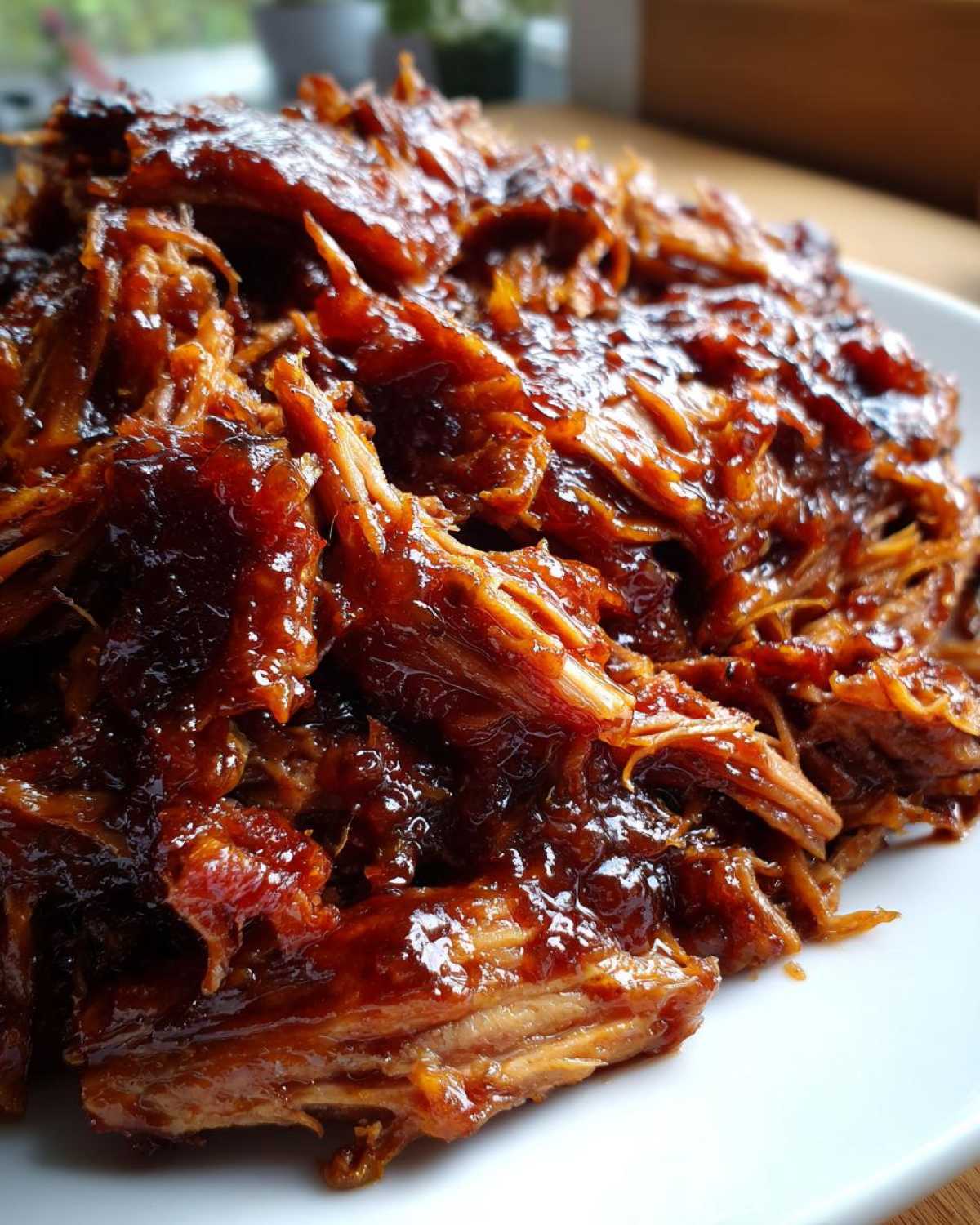 A close-up shot of rich, shredded Slow Cooker Honey Garlic Pulled Pork coated in a thick, glossy sauce on a white plate.