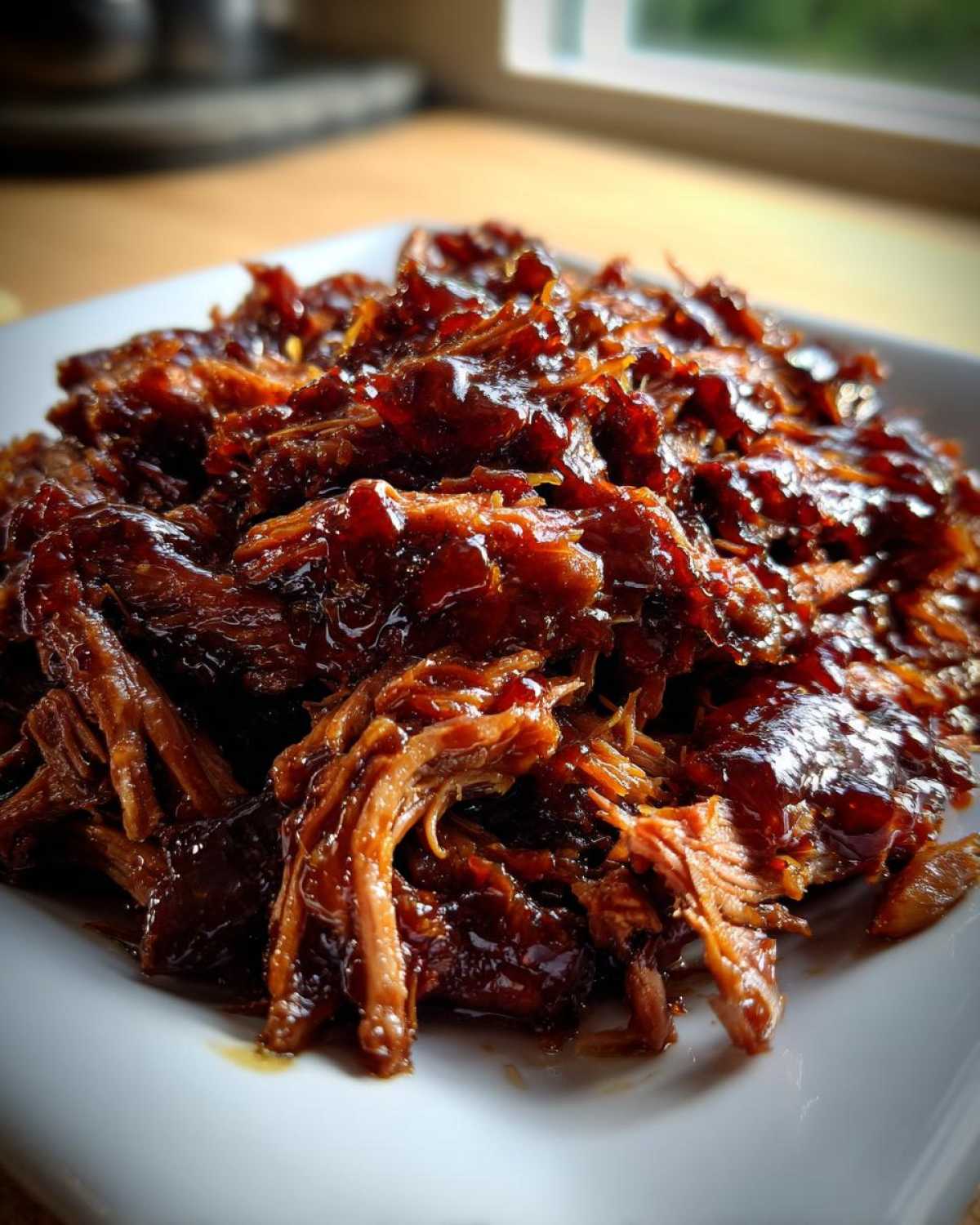 A close-up, glossy mound of shredded Slow Cooker Honey Garlic Pulled Pork served on a white plate.