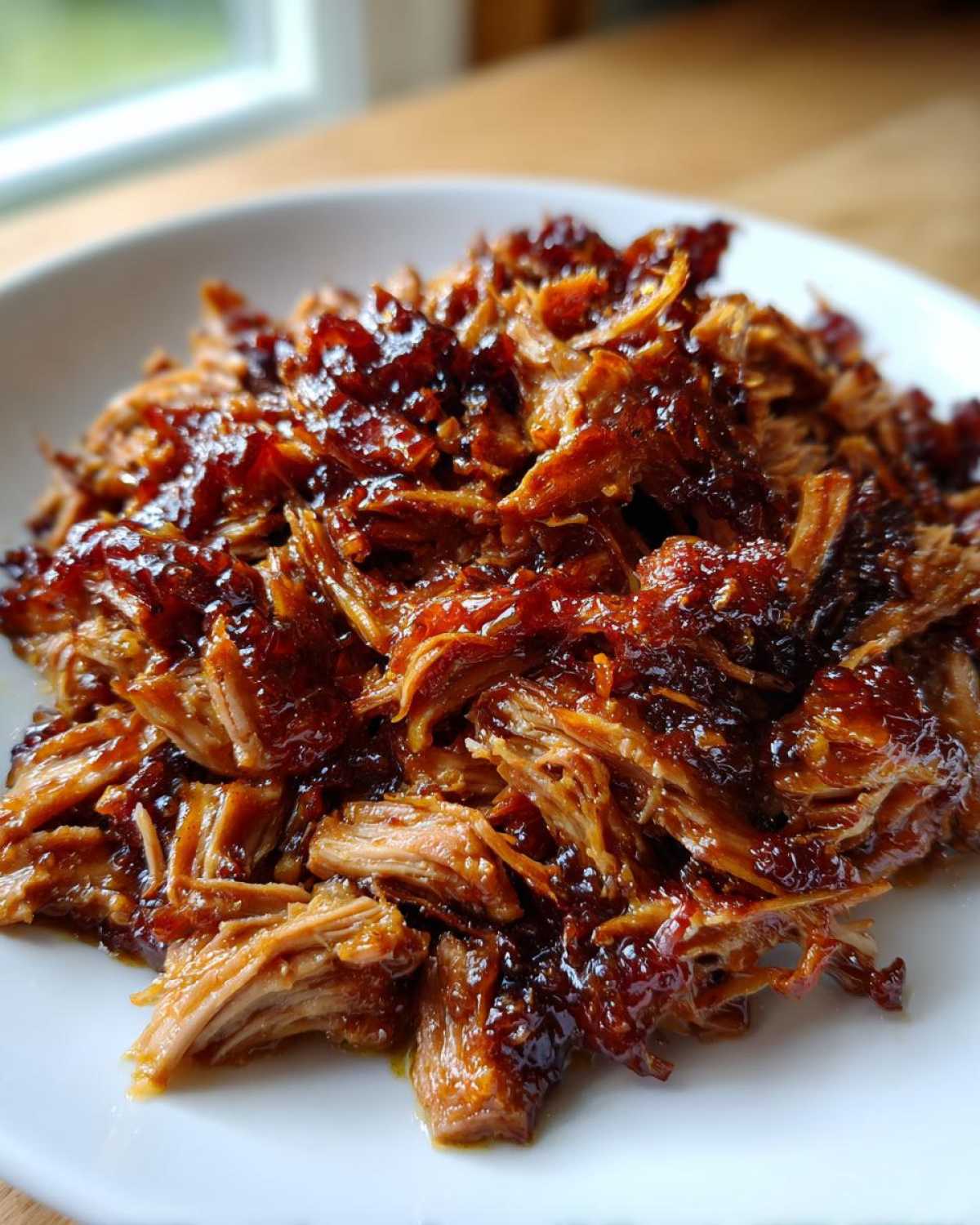 A close-up shot of shredded Slow Cooker Honey Garlic Pulled Pork coated in a rich, glossy sauce on a white plate.
