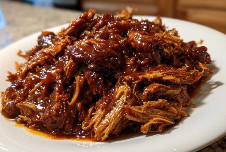 Close-up of shredded pork coated in a rich, glossy sauce, representing Slow Cooker Honey Garlic Pulled Pork.