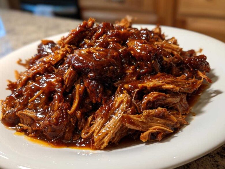 Close-up of shredded pork coated in a rich, glossy sauce, representing Slow Cooker Honey Garlic Pulled Pork.