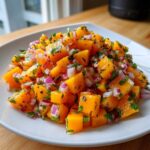 A close-up of freshly diced mango, red onion, and cilantro making up a bright Spicy Mango Salsa on a white plate.