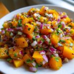 Close-up of vibrant Spicy Mango Salsa featuring diced orange mango, red onion, and green herbs on a white plate.