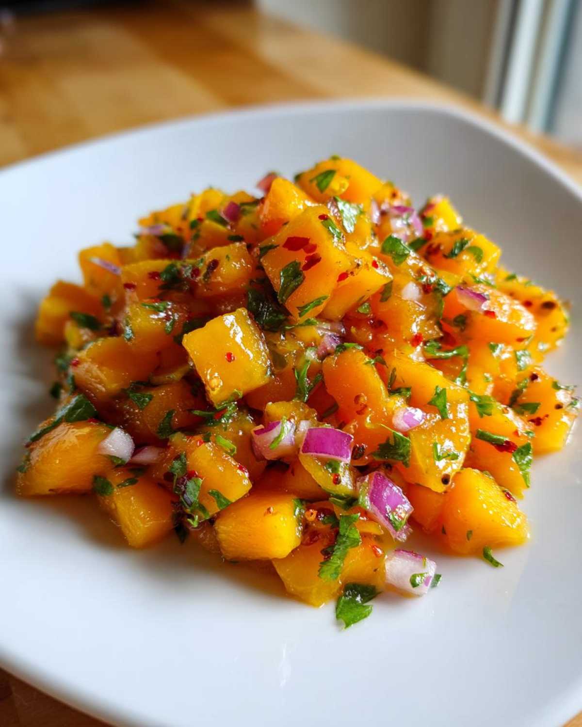 A close-up of vibrant, diced mango mixed with red onion and cilantro, showcasing the texture of the Spicy Mango Salsa.