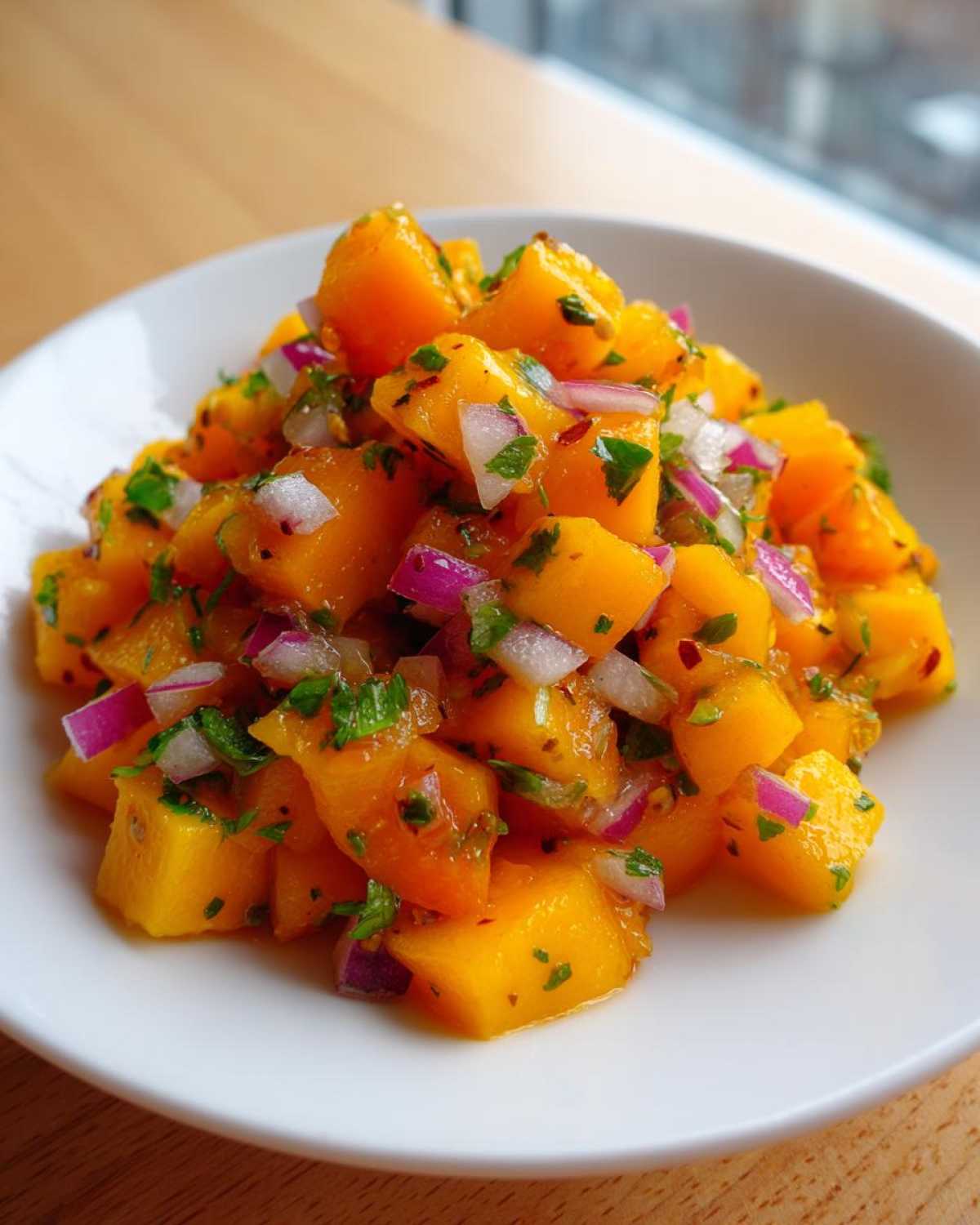 A close-up of fresh Spicy Mango Salsa featuring diced mango, red onion, and green herbs in a white bowl.