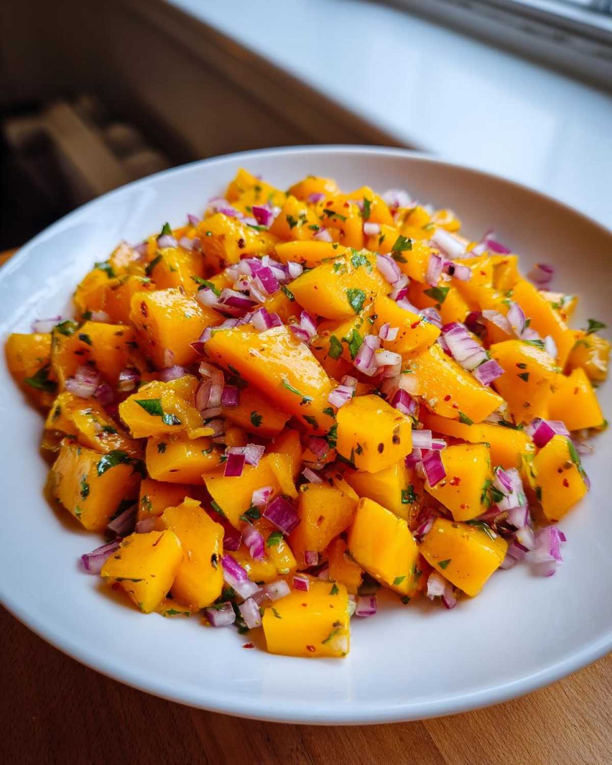 Close-up of a white bowl filled with bright yellow, diced mango cubes mixed with finely chopped red onion and herbs, showcasing the Spicy Mango Salsa.