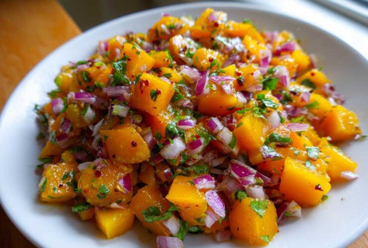 Close-up of vibrant Spicy Mango Salsa featuring diced orange mango, red onion, and green herbs on a white plate.