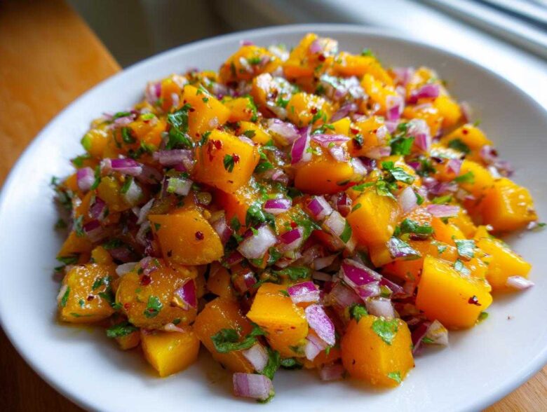 Close-up of vibrant Spicy Mango Salsa featuring diced orange mango, red onion, and green herbs on a white plate.