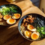 Two bowls of Spicy Miso Ramen featuring noodles, savory toppings, and perfectly halved soft-boiled eggs.
