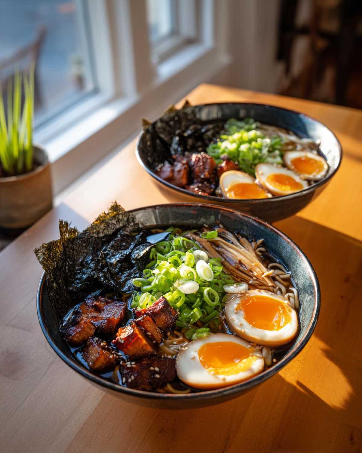 Close-up of Spicy Miso Ramen featuring glistening pork belly, bright green scallions, and perfectly halved soft-boiled eggs.