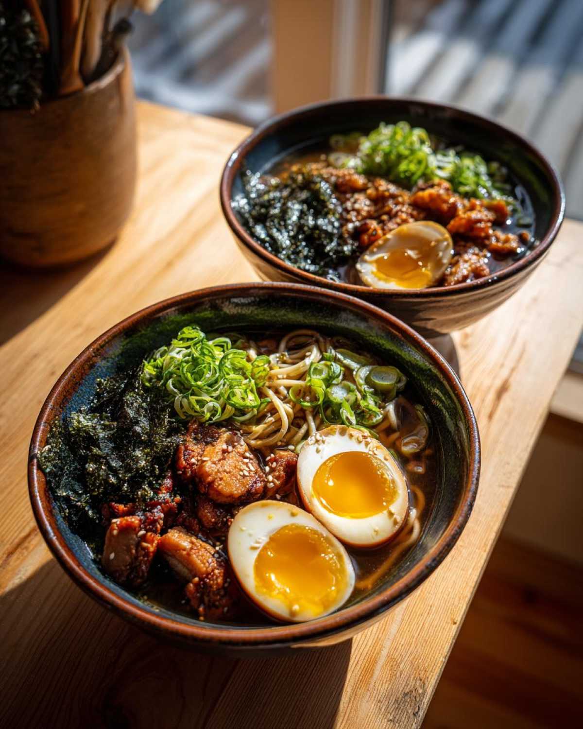 Two bowls of Spicy Miso Ramen featuring noodles, pork, nori, and perfectly halved soft-boiled eggs.