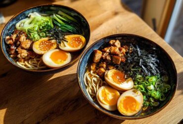 Two bowls of Spicy Miso Ramen featuring noodles, savory toppings, and perfectly halved soft-boiled eggs.