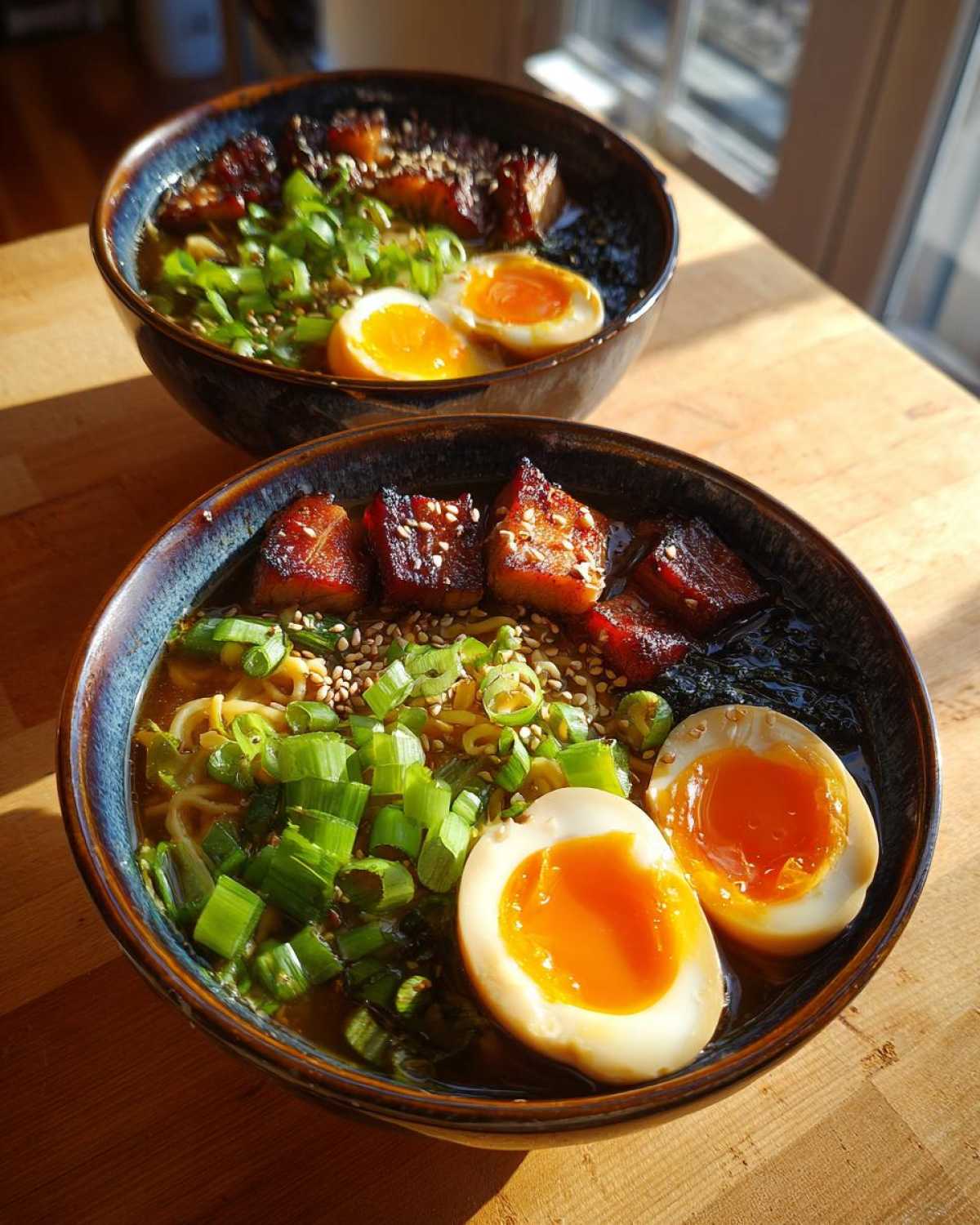 Close-up of Spicy Miso Ramen with soft-boiled eggs, chashu pork, and green onions.