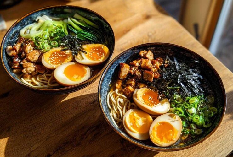 Two bowls of Spicy Miso Ramen featuring noodles, savory toppings, and perfectly halved soft-boiled eggs.