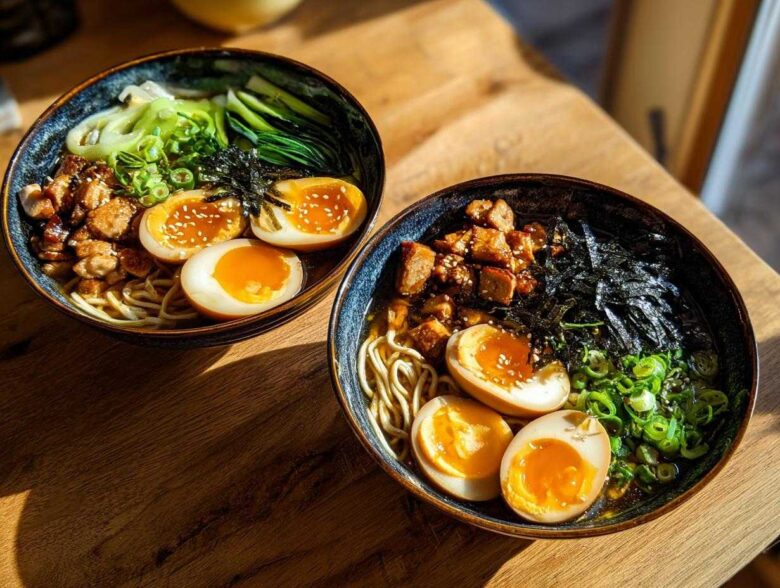 Two bowls of Spicy Miso Ramen featuring noodles, savory toppings, and perfectly halved soft-boiled eggs.