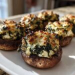 Close-up of baked Spinach and Feta Stuffed Mushrooms with a golden, cheesy top, served on a white platter.