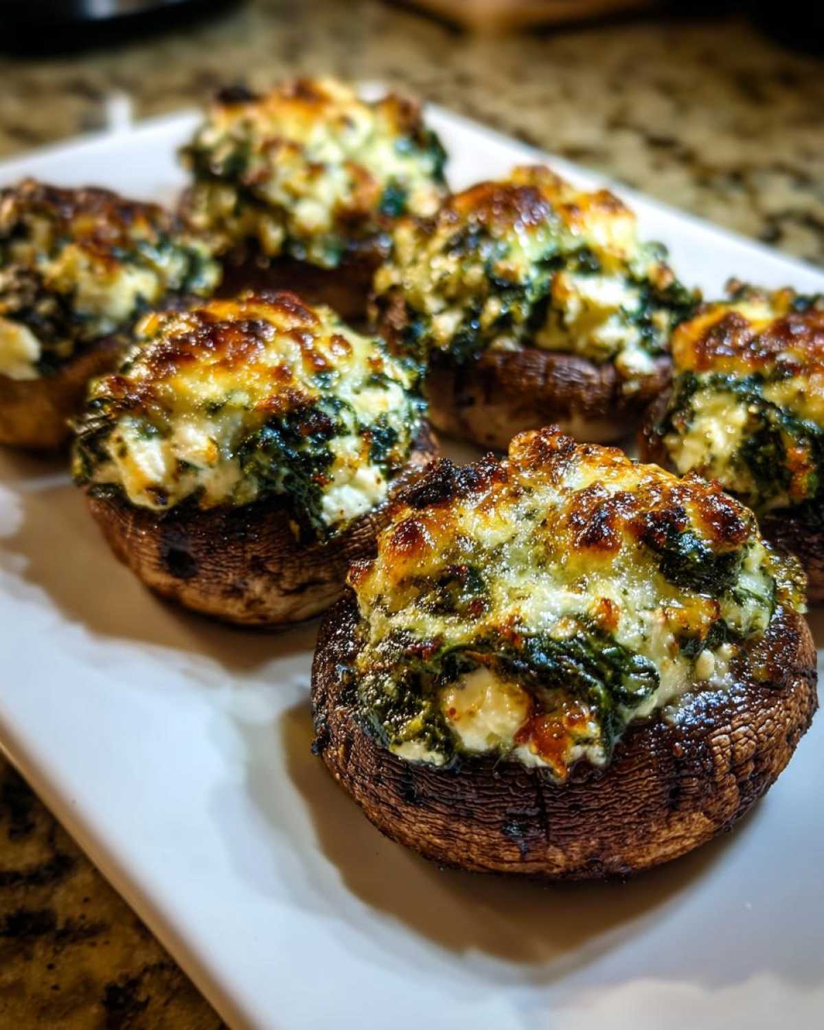Close-up of baked Spinach and Feta Stuffed Mushrooms with golden-brown, melted cheese topping.