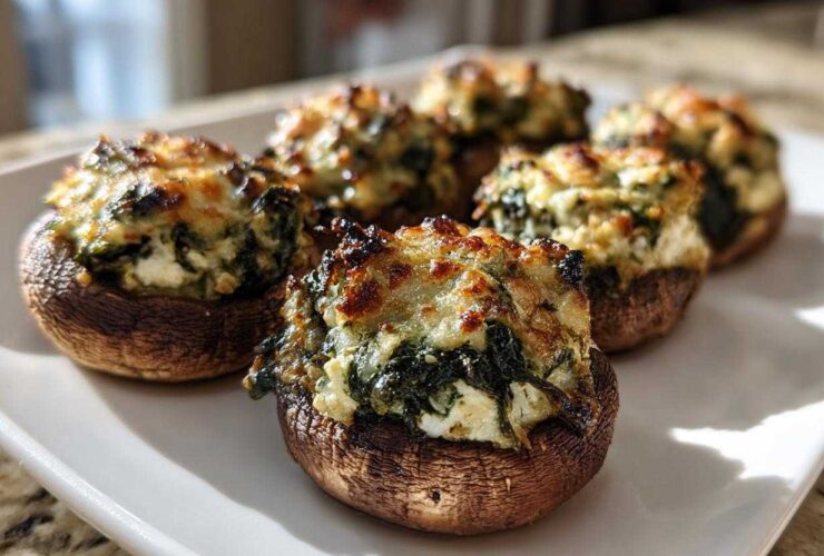 Close-up of baked Spinach and Feta Stuffed Mushrooms with a golden, cheesy top, served on a white platter.