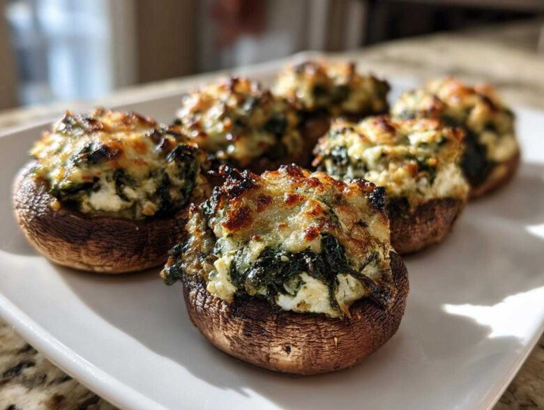 Close-up of baked Spinach and Feta Stuffed Mushrooms with a golden, cheesy top, served on a white platter.