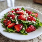 Close-up of a vibrant Spring Mix Salad with Strawberries and Goat Cheese on a white plate.