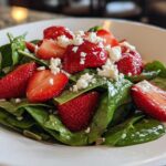Close-up of a vibrant Spring Mix Salad with Strawberries and Goat Cheese in a white bowl.