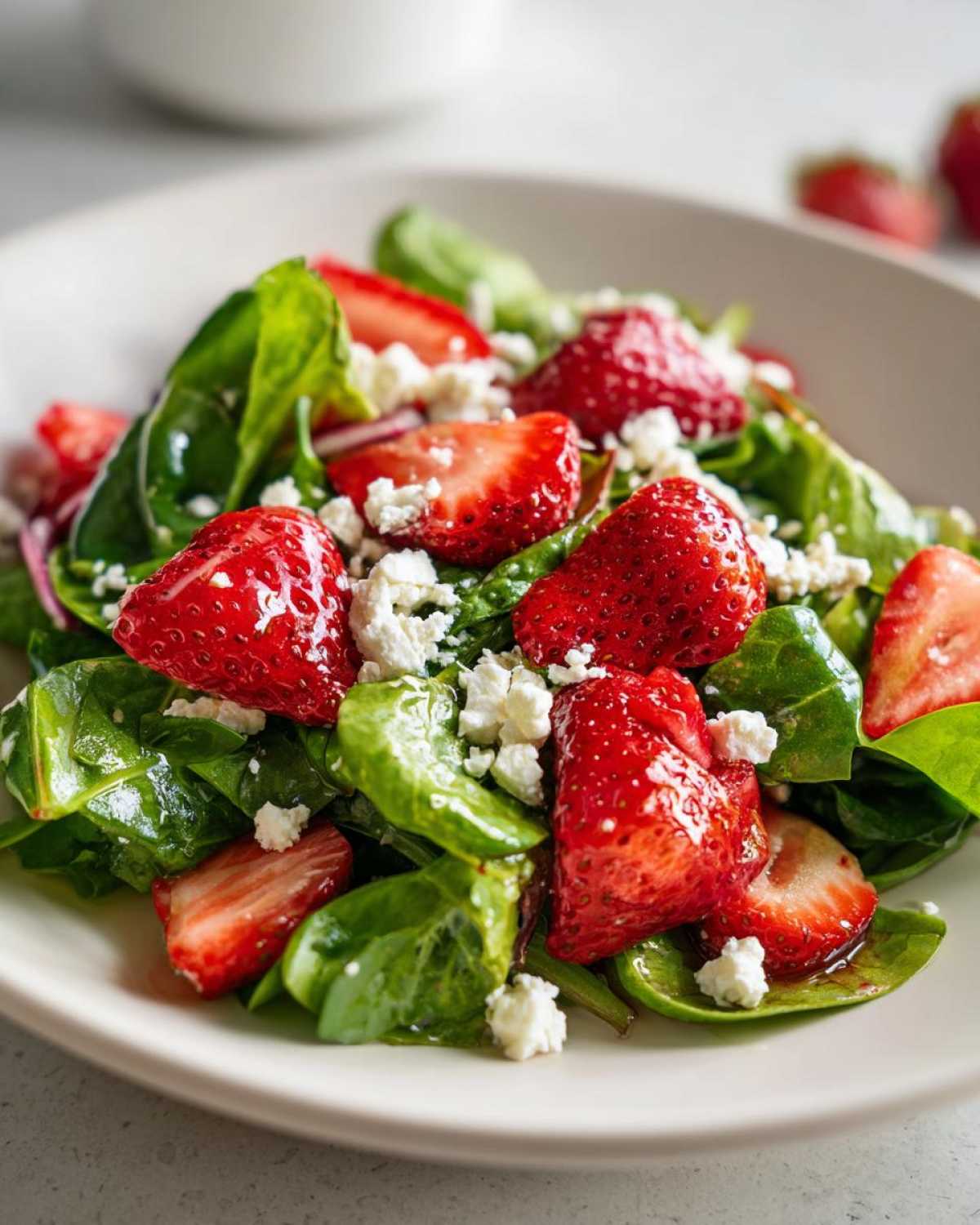 Close-up of a vibrant Spring Mix Salad with Strawberries and Goat Cheese on a light plate.