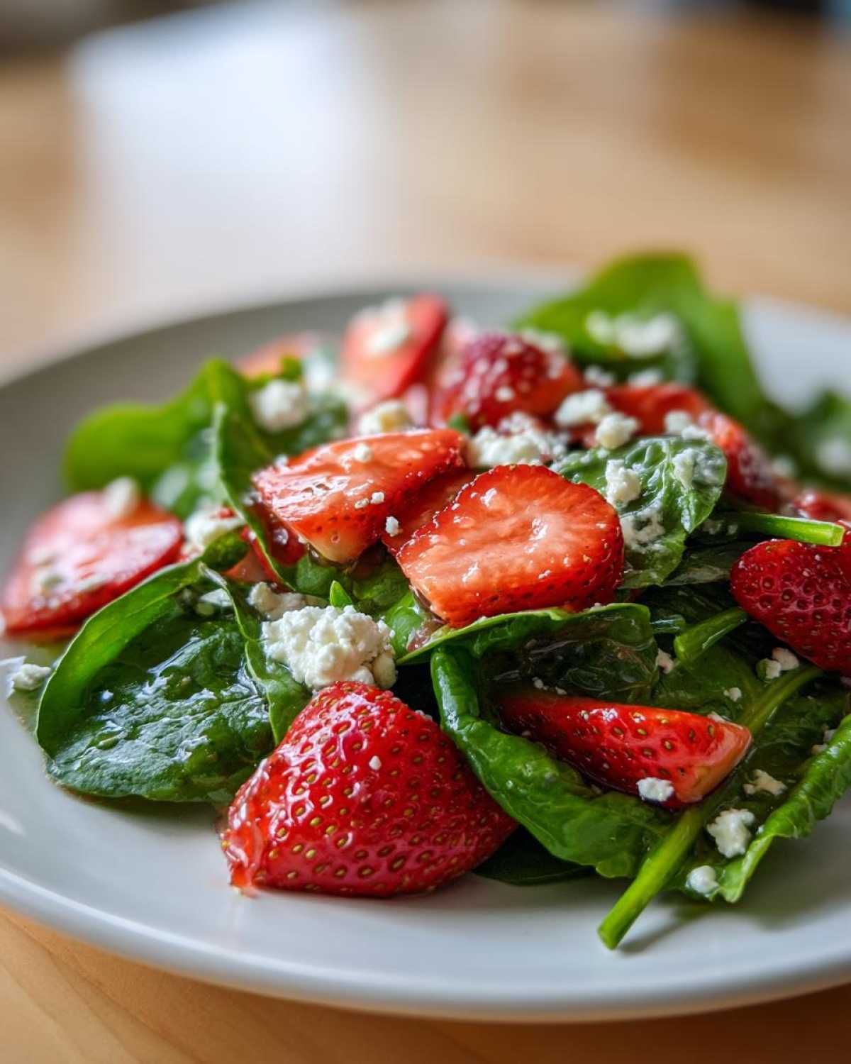 Close-up of a vibrant Spring Mix Salad with Strawberries and Goat Cheese featuring glossy spinach leaves.