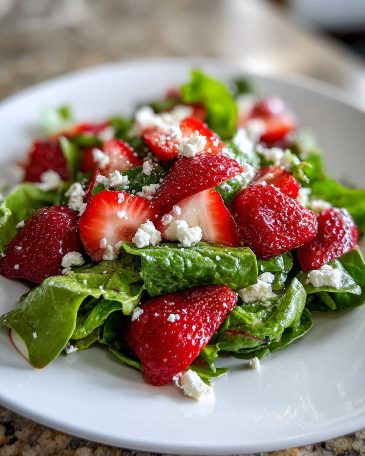 Close-up of a vibrant Spring Mix Salad with Strawberries and Goat Cheese served on a white plate.