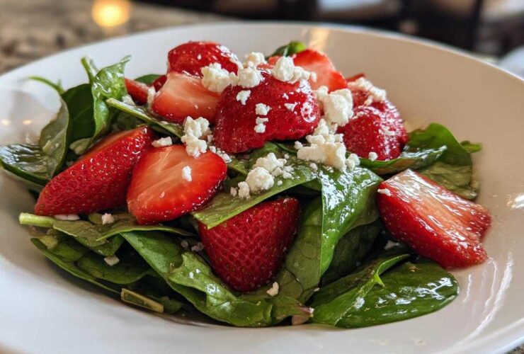 Close-up of a vibrant Spring Mix Salad with Strawberries and Goat Cheese in a white bowl.