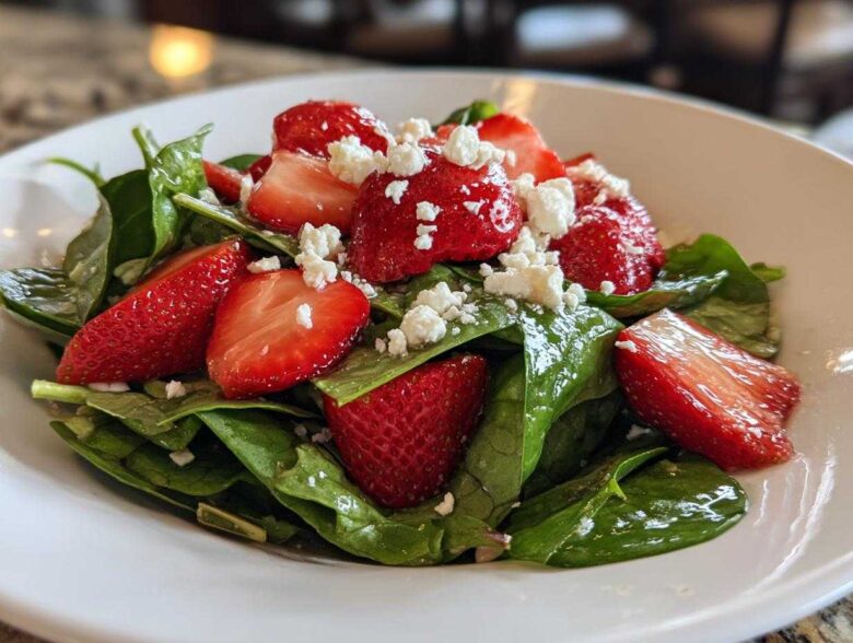 Close-up of a vibrant Spring Mix Salad with Strawberries and Goat Cheese in a white bowl.
