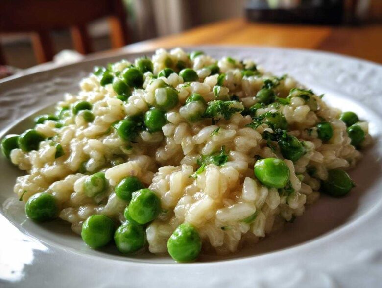 Close-up of creamy Spring Pea and Mint Risotto served on a white plate, garnished with bright green peas and fresh mint.