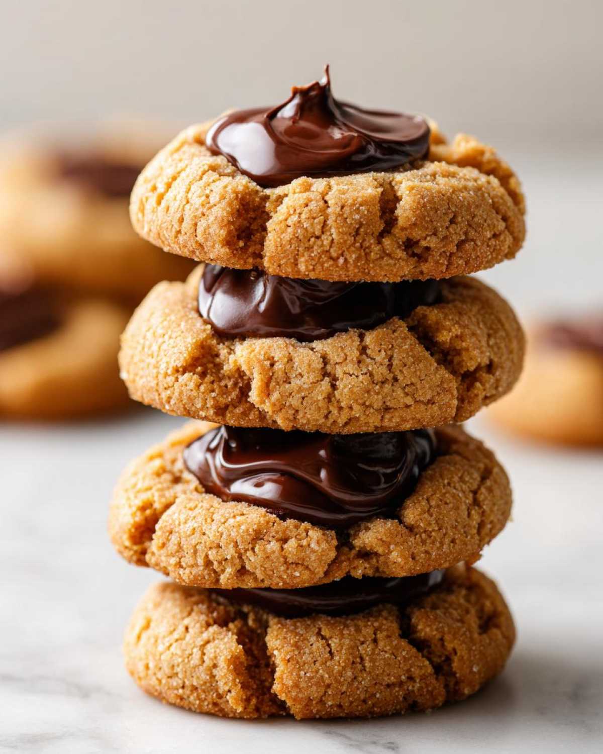 A close-up stack of four delicious Peanut Butter Blossom Cookies, featuring rich chocolate centers.