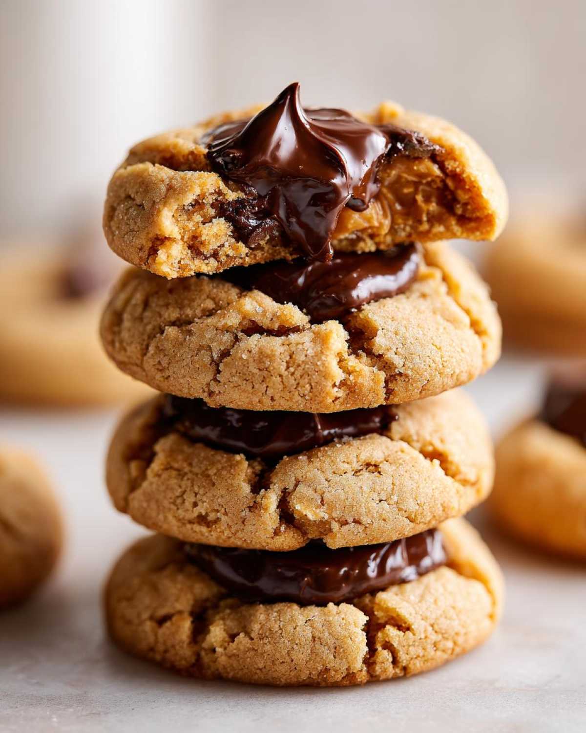 Close-up of a stack of four Peanut Butter Blossom Cookies, with melted chocolate oozing from the top cookie.