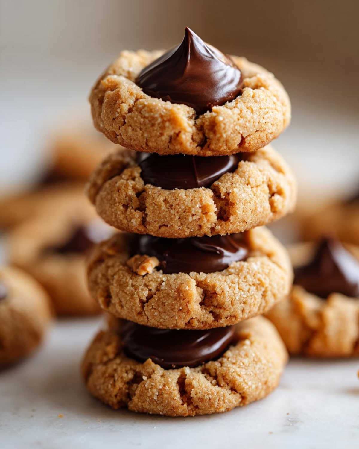 A vertical stack of four classic Peanut Butter Blossom Cookies, each topped with a melted chocolate kiss.