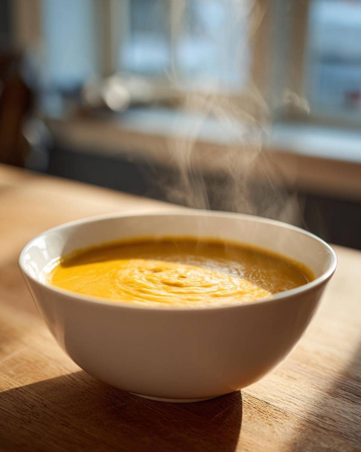 A close-up of a white bowl filled with hot, steaming Creamy Coconut Lentil Soup on a wooden surface.