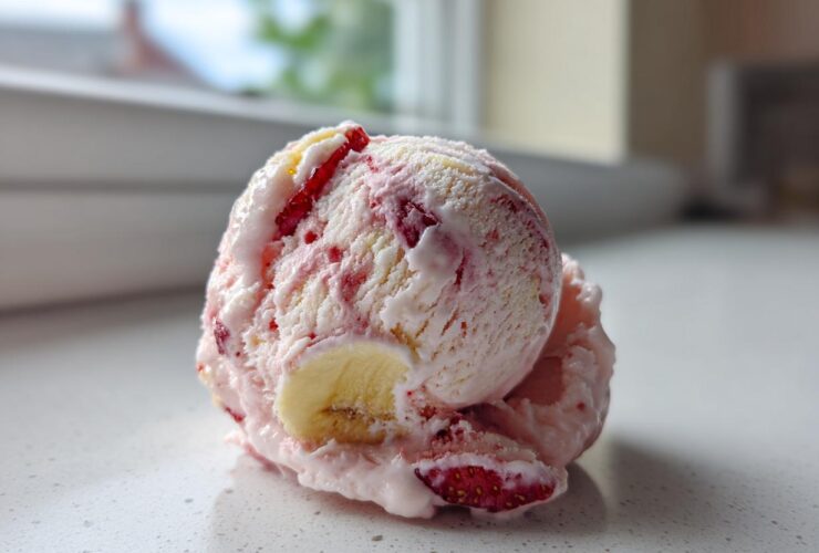 A close-up scoop of homemade Strawberry Banana Ice Cream showing swirls of pink and white, with visible pieces of strawberry and banana.